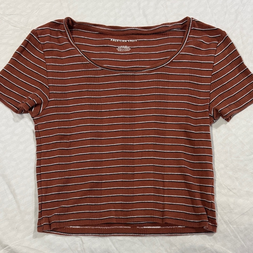 American Eagle Outfitters Rust, Black, and White Striped Crop Top